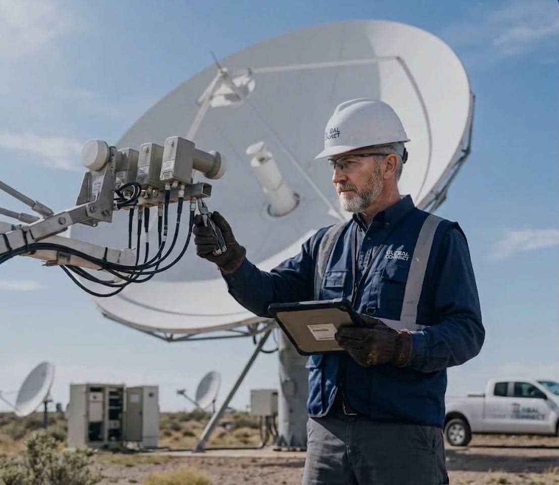 Brian Giuseppe inspecting satellite dish in the field